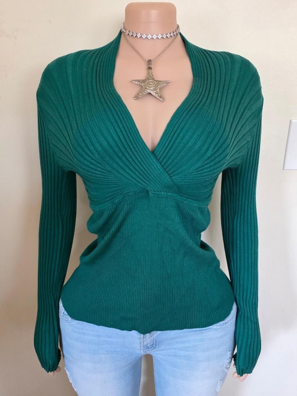 INC International Concepts Teal Ribbed V-Neck Wrap Sweater
